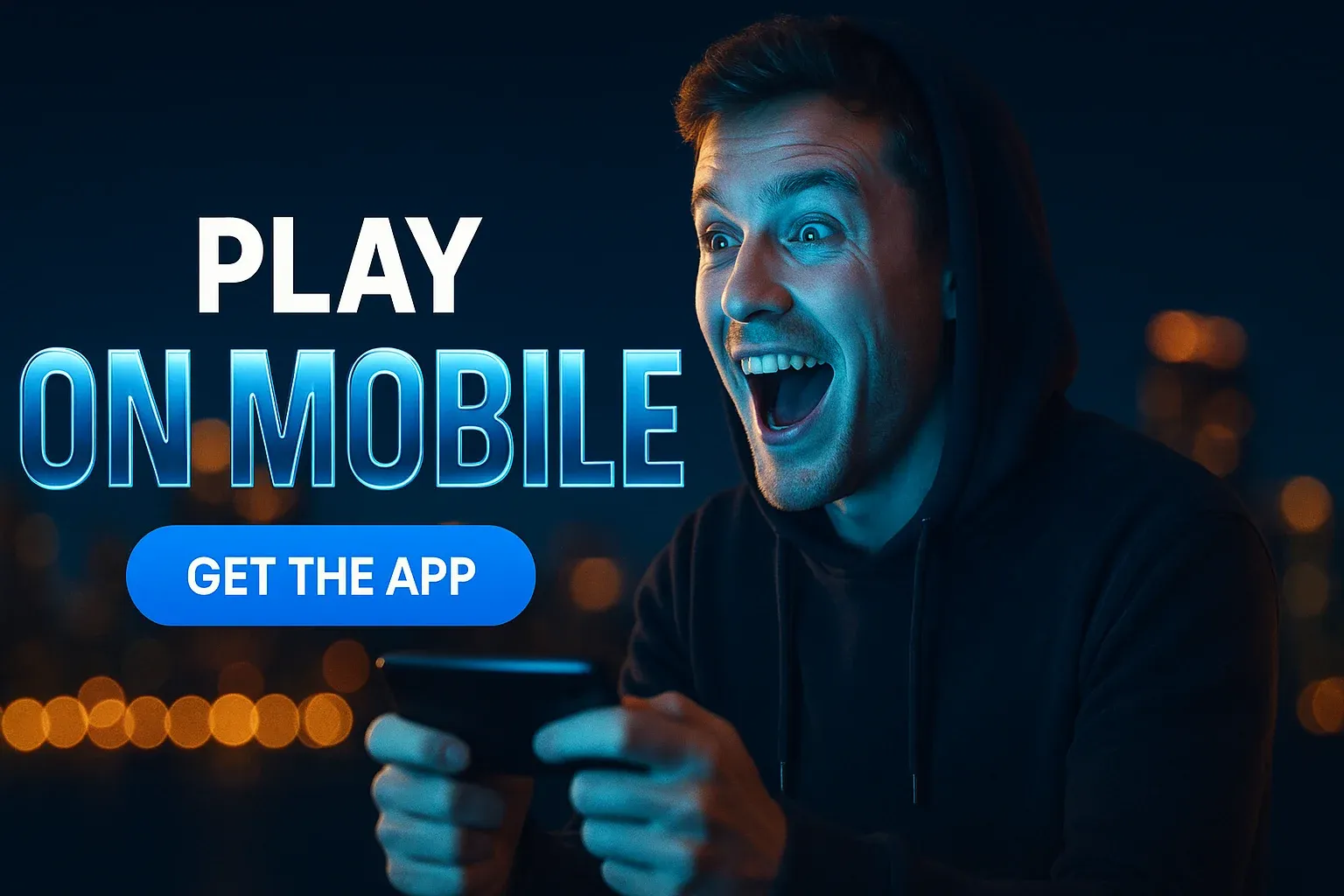 Photorealistic casino banner with British man, neon blue glow, mobile app CTA