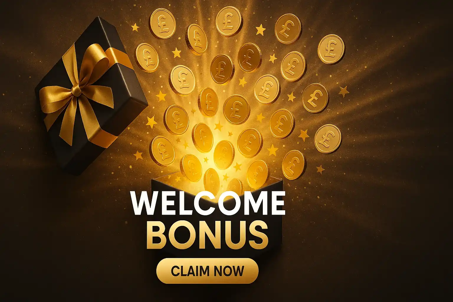 Photorealistic casino welcome bonus banner with gift box, pound coins and CTA