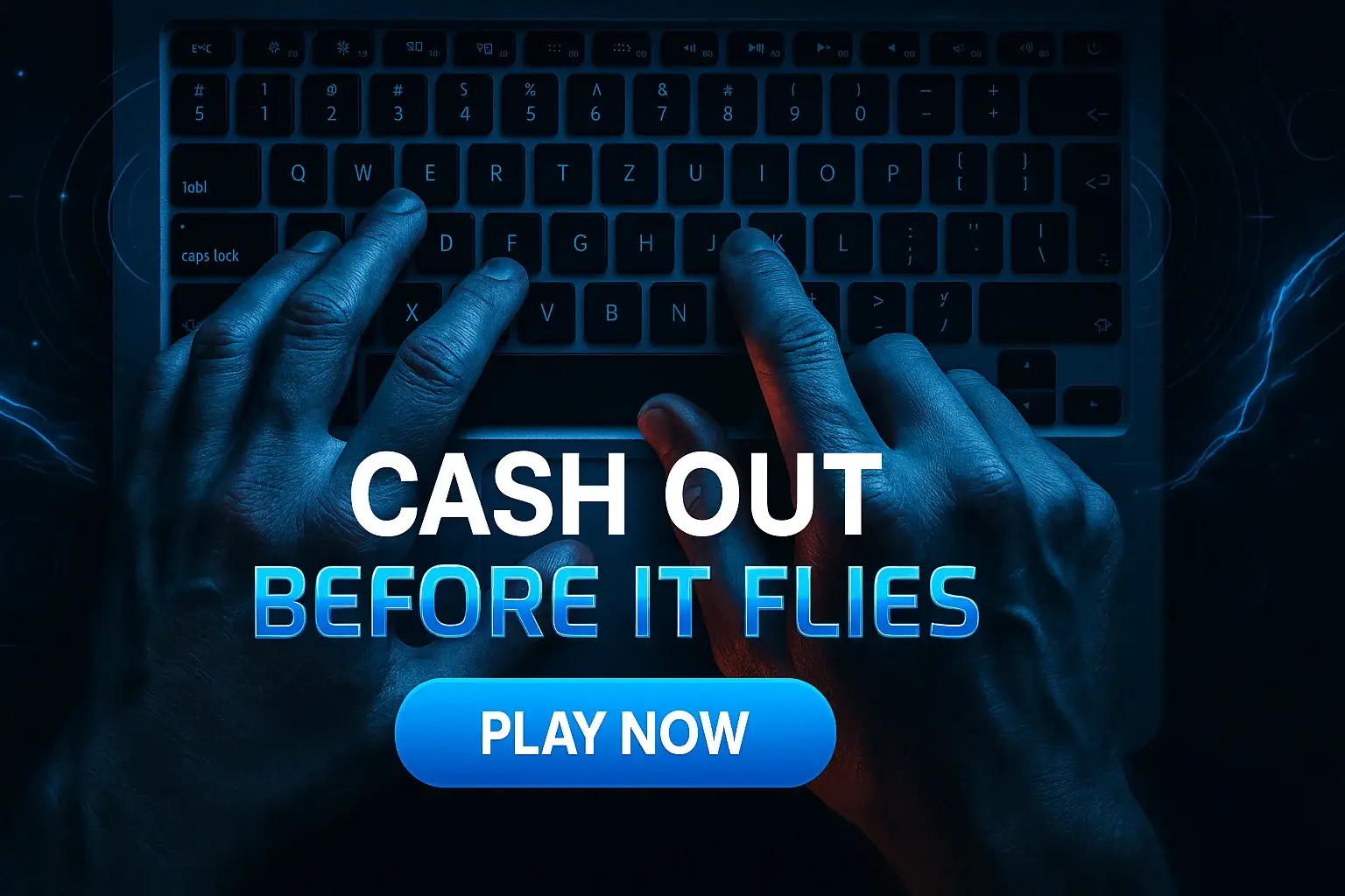Hands on laptop keyboard with electric blue cash out banner