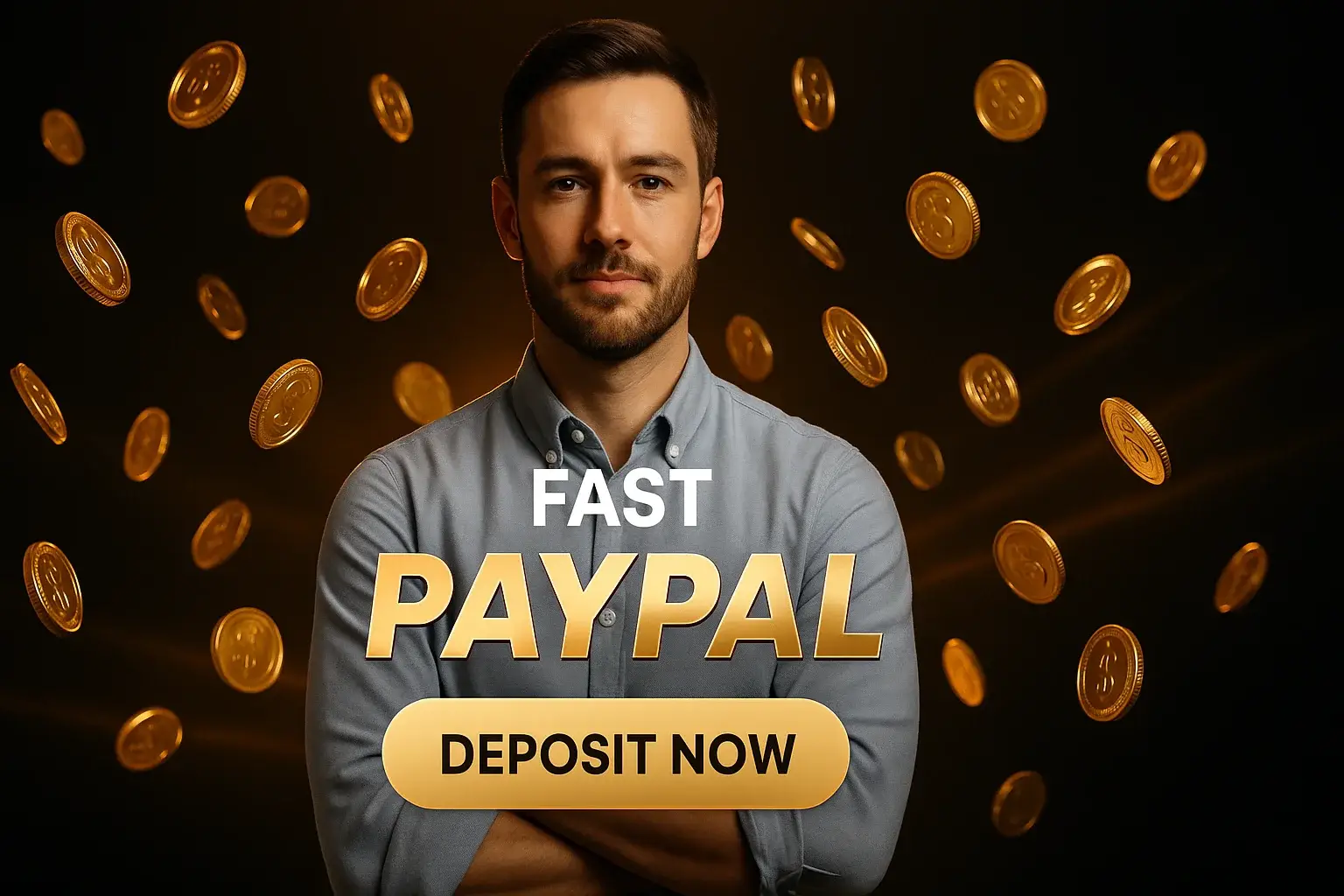 Photorealistic casino banner with British man, floating gold coins and dark background