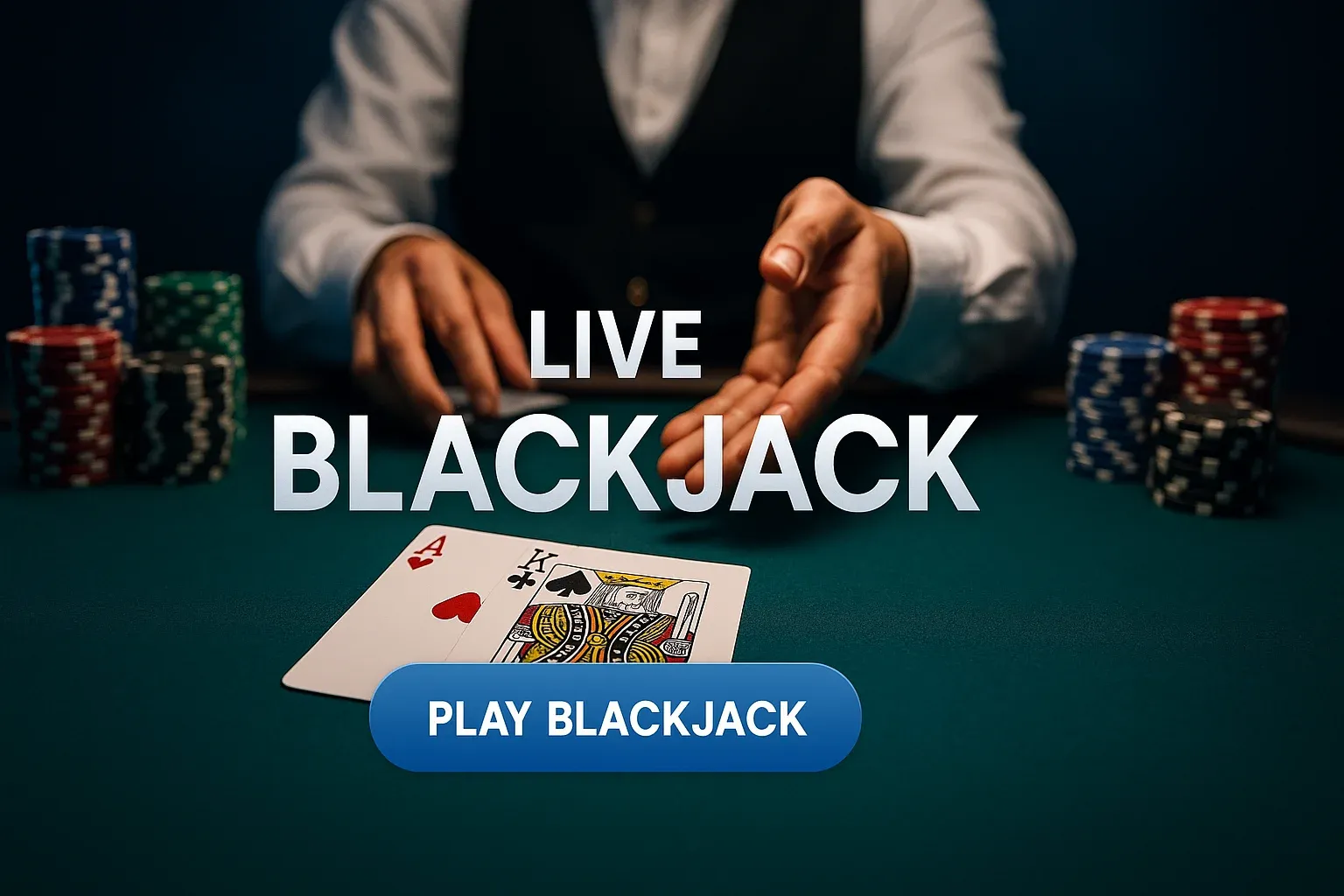 Photorealistic live blackjack table banner with dealer hands, cards and chips