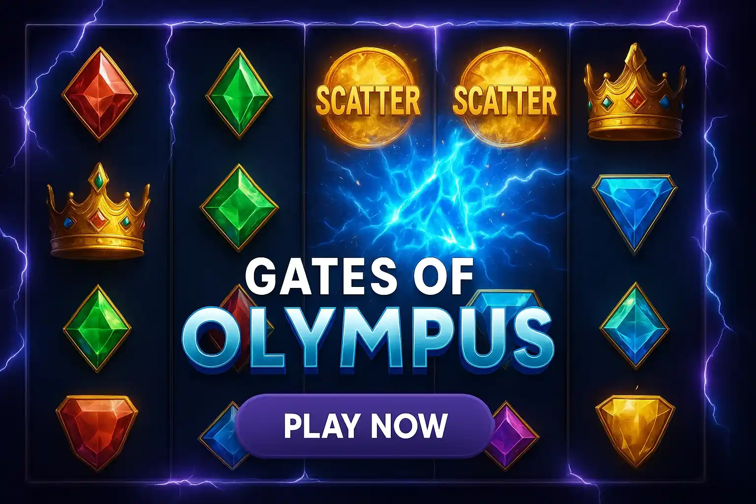 Photorealistic slot reels with purple lightning, glowing scatters and Play Now button